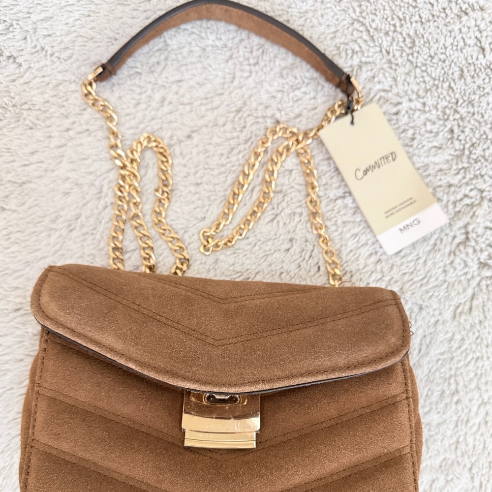 Mango Tan Suede Shoulder Bag with Gold Chain